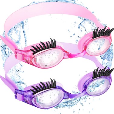 Konohan 2 Pieces Kids Swim Goggles Eyelashes Swim Goggle No Slip Leak Girl Goggles Anti Fog UV Goggles for Lash Extensions (Purple, Dark Pink)