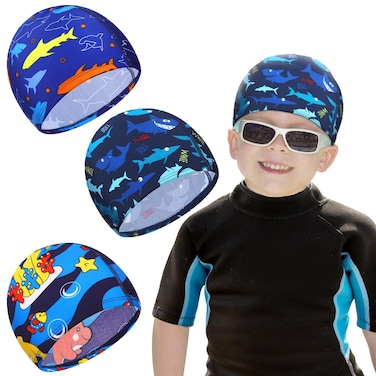 Geyoga Kids Swim Caps 3 Pieces Bathing Swimming Hats Unisex Polyester Bathing Cap Pool Cap Summer Swimming Caps for Boys Girls Long Short Hair (Shark, Dolphin)