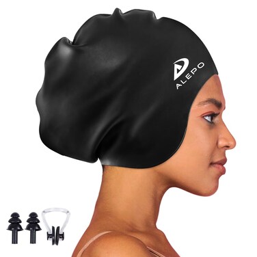 Alepo Extra Large Swim Cap for Women Men, Durable Silicone Swimming Hat with Ear Protection, Unisex Adults Bath Swimming Caps for Long Thick Curly Hair &amp; Dreadlocks Braids Weaves Afro Hair
