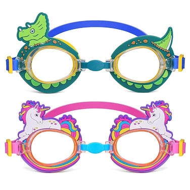 Pack of 2 Dinosaur and Unicorn Swim Goggles for Kids   Adjustable Strap Fun and Safe Swimming Accessories for Boys and Girls