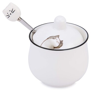 Kitchenexus Small Ceramic Sugar Bowl, Porcelain Sugar Bowl with Lid and Stainless Steel Spoon 8.5oz/240ml with Cat Pattern, Suit for Coffee Bar, Kitchen and Home breakfast, Best Gift for Cat Lovers