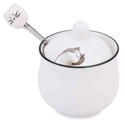 Kitchenexus Small Ceramic Sugar Bowl, Porcelain Sugar Bowl with Lid and Stainless Steel Spoon 8.5oz/240ml with Cat Pattern, Suit for Coffee Bar, Kitchen and Home breakfast, Best Gift for Cat Lovers