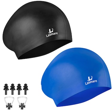Long Hair Swim Cap for Women 2 Pack, Silicone Swimming Caps for Unisex Adult Women Men with Ear Plugs &amp; Nose Clip Set, Waterproof Adult Swim Hats Bathing Caps to Keep Hair Dry(Black+Blue)