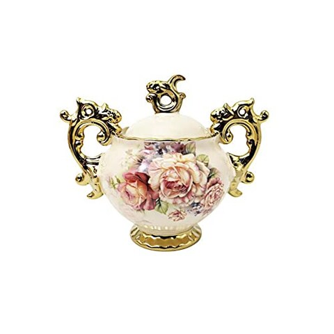 fanquare Gold Porcelain Sugar Container, Floral Sugar Holder for Coffee Bar, 12 Ounce Ceramic Sugar Bowl with Lid for Countertop, Kitchen Sugar Jar Vintage