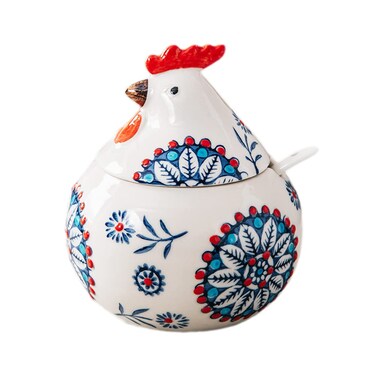 JHNIF Porcelain Condiment Pot with Lid and Spoon, 11oz Salt Bowl Sugar Bowl for Kitchen, Chicken Shape