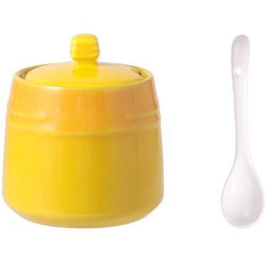 Kichvoe Sugar Bowl with Lid and Spoon Ceramic Sugar Jar Porcelain Condiment Pot Sugar Container Seasoning Box for Home Kitchen Coffee Bar Yellow