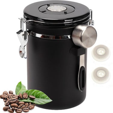 SUEIANNMN1.8L Coffee Canister Airtight, 26oz Coffee Storage Container Stainless Steel Air Tight Coffee Jar with Scoop, Date Tracker, 2 Extra CO2 Release Valve for Beans Ground Tea Flour Sugar (Black)