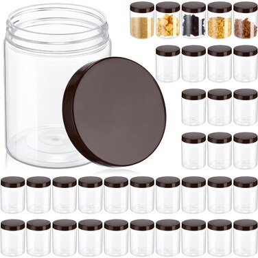 Aoriher 48 Pcs 8oz Plastic Mason Jars with Lids Round Clear Plastic Jars Containers Refillable Small Empty Plastic Storage Containers Food Jars Canisters for Kitchen Storage(Brown)