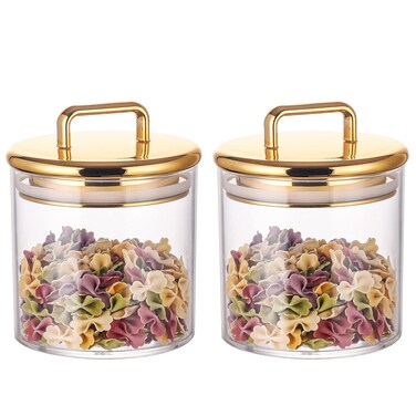 2 Pack 16 oz Small Acrylic Storage Apothecary Jar with Gold Airtight Lid   Bathroom Vanity Organizer Containers   Ideal Decorative Canisters for Shells, Bath Salt, Cotton Swabs, Cotton Ball