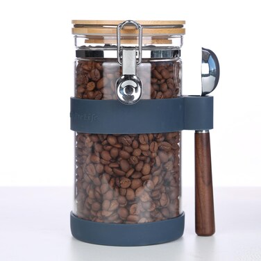 KKC Airtight Coffee Canister, Glass Coffee Bean Storage Contaienr with Silicon Scoop Holder, Non-Slip Silicon Coffee Storage Canister with Spoon for 1 lb Bean,40 Fluid-oz, Indigo