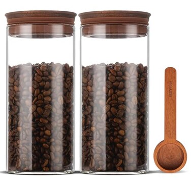 BOILMERIT 50 oz Coffee Canister with Scoop and Wooden Lids, Airtight Glass Coffee Jars Set of 2 for Ground Coffee, Coffee Beans Storage Container with Lids for Kitchen Brown Sugar, Coffee Bar