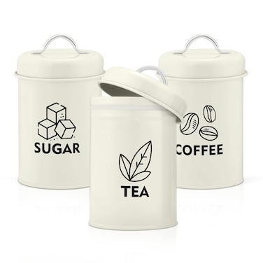 E-far Canister Sets for Kitchen Counter, 3-Piece Metal Tea Coffee Sugar Canister with Airtight Lid for Food Storage, Farmhouse Style &amp; Small Size (6.1&acirc;&euro; x 4&acirc;&euro;)-Cream