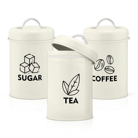 E-far Canister Sets for Kitchen Counter, 3-Piece Metal Tea Coffee Sugar Canister with Airtight Lid for Food Storage, Farmhouse Style &amp; Small Size (6.1&acirc;&euro; x 4&acirc;&euro;)-Cream