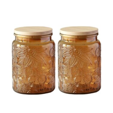 ANSQU Set of 2 Vintage Glass Kitchen Storage Jars, 23.7 FL OZ Gass Jar with Airtight Lid, Vintage Mason Jars for Home Kitchen Coffee Tea Sugar Cookie Candy Jars (Yellow, 2 Pack)