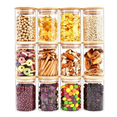 SHOWIN 6oz Glass Food Storage Jars, Glass jars with bamboo lids Pantry organizers and round storage glass Set of 12 Glass kitchen storage containers for Spice Candy Cookie, etc.