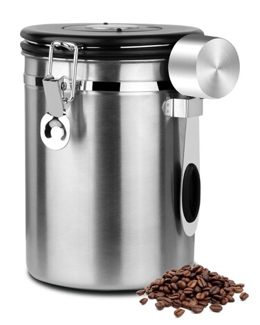 Coffee Canister Airtight Storage Container 1.8L Stainless Steel Air Tight Coffee Jar with Scoop, Date Tracker CO2 Release Valve for Dry Food, Beans, Ground, Tea, Flour, Cereal and Sugar (Silver)