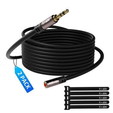 3.5mm Extension Cable 8 Feet (2 Pack), Male to Female Auxiliary Audio Stereo Cable, Headphone Extension Cord, Hi-Fi Sound, Gold Plated Connectors, OFC Core, Black Cable (with 5 pcs Cable Ties)