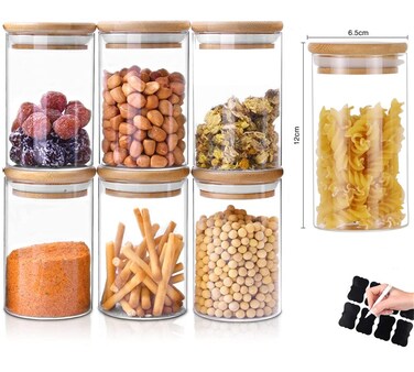Vkzylife Glass Jars with Bamboo Wooden Airtight Lids 6oz 10oz Spice Jars Food Storage Containers for Home Kitchen, Tea, Salt, Pepper, Spices, Coffee, Herbs, Grains (10 OZ, 6 PCS)