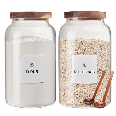 GFZYHEBEI 2 PCS Large Glass Jar with Airtight Wooden Lid Clear Glass Canisters with Spoon for Egg,Flour,Rice,Coffee,Cereal (2700ml &Atilde;&mdash; 2)