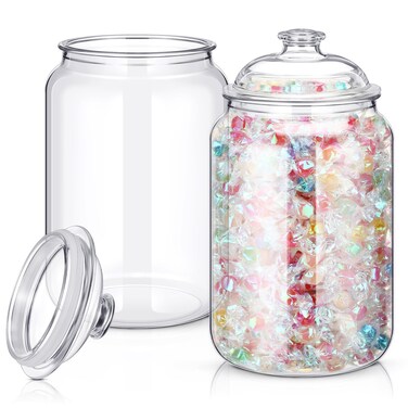 Nuogo 2 Pcs 1/1.5 Gallon Candy &amp; Cookie Jar Plastic Jars with Lids Decorative Apothecary Jars Candy Buffet Containers Clear Airtight Food Storage Canister Home Decor Centerpiece (1 Gallon 128 oz)