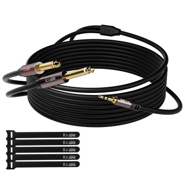 1/8 to Dual 1/4 Stereo Cable 25 Feet, 3.5mm TRS to 2 x 6.35mm TS Mono Y Splitter Audio Cord Adapter, Oxygen-Free Copper, OD:5.0MM, for PC, Mixer, Speaker, Home Stereo System with 5 Cable Ties