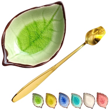 Coffee Spoon and Rest for Coffee Bar Accessories, Ice Cracks Leaf Small Spoon Rest for Coffee Station, Tea Spoon Rest Tea Spoon Holder Teaspoon Rest, 1 PC (Ice Cracks Grass green with Gold Rose Spoon)