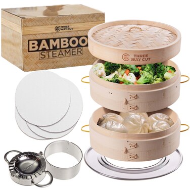 2 Tier Bamboo Steamer- 10" Baskets With Handle, Silicone Liner, Adapter, Molder Press For Cooking Vegetables Dumpling Press &amp; Dough Cutter for Steaming Chinese Asian Food &amp; Bao Bun, Dim Sum Potsticker