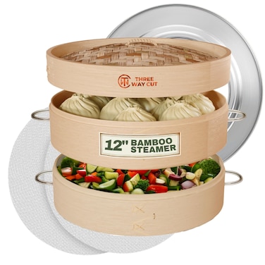 2 Tier Bamboo Steamer- 12" Baskets With Handle, Silicone Liner, Adapter, Molder Press For Cooking Vegetables Dumpling Press &amp; Dough Cutter for Steaming Chinese Asian Food &amp; Bao Bun, Dim Sum Potsticker