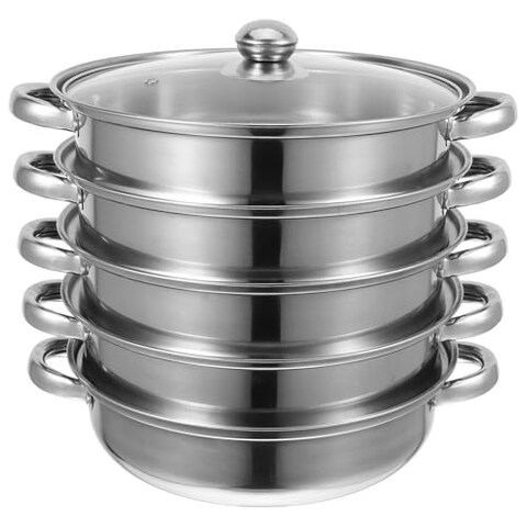 Luxshiny Steamer Pot Stainless Steel Steamer Pot 5 Tier Stockpot Steaming Cookware Vegetable Dumpling Steaming Pot for Home Kitchen (28CM) Cooking Pot