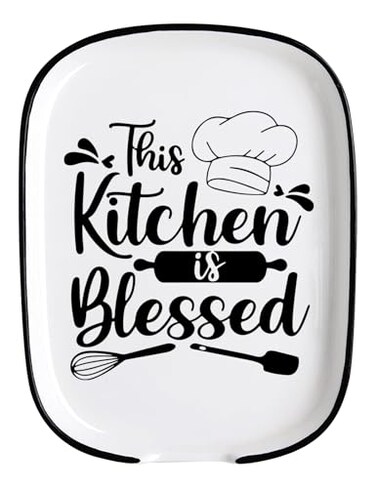 Ceramic Fork Spoon Rest -This Kitchen Is Blessed Kitchenware Spoon Rest Suitable for Kitchen Countertop or Stove Top Kitchen Accessory and Gift for Cooking Enthusiasts
