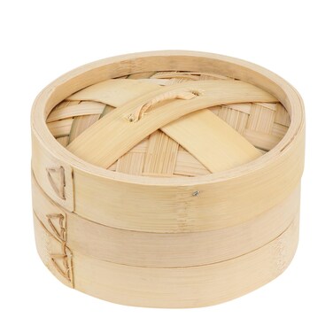 Cabilock 5.7 inch 2 Tier Bamboo Steamer Handmade Basket with Lid Steaming Basket Traditional Design For Dumplings, Rice, Dim Sum, Vegetables, Fish, and Meat