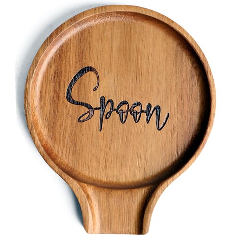 LBEMEY Acacia Wood Spoon Rest For Stove Top - Smooth Round Wooden Spoon Holder For Kitchen Counter with Non Slip Silicone Feet, Perfect Holder For Spoons,Spatulas and Tongs, Brown (Labeled &quot;Spoon&quot;)