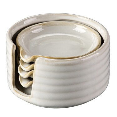 LIUCUON Ceramic Spoon Rest,Spoon Holder,Soy Sauce Dishes with Holder for Kitchen,Household Dipping Sauce Dishes Set, Side Dishes, Kitchen Basics,Set of 4 Kitchen Accessories For Utensils (cream)