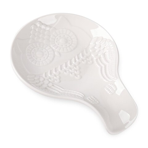 Katathani Ceramic Spoon Rest for Stove Top - Large Vintage Embossed Owl Shape Spoon Holder for Kitchen Counter&iuml;&frac14;&OElig;White Exquisite Coffee Spoon Rest, 1 Pack