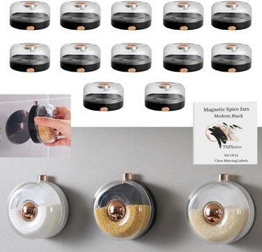TMNOVO Magnetic Spice Jars for Refrigerator, Magnetic Spice Containers with Shaker Lids, Set of 12 Magnetic Spice Rack Jars and Spice Tins, 4 oz Black Magnetic Jars
