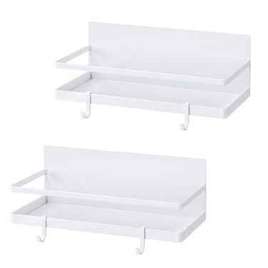 VOYUTHY Magnetic Spice Rack with 4 Removable Hooks, Strong Magnet Spice Shelf for Spices, Cooking Oils, Salt, Pepper, Works Perfectly on the Side of Refrigerator for Small Kitchen/Apartment (White)