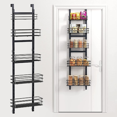 Purdaz Adjustable 5-Tier Over the Door Pantry Organizer, Spice Rack, Narrow Hanging Shelf for Kitchen Storage and Organization
