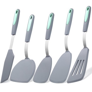 To encounter 5 Pieces Silicone Spatula Set, Non-Stick Silicone Turner Spatulas, Heat Resistance Cooking Utensils, Flip Turner for Fish, Egg, Pancake, Light Grey