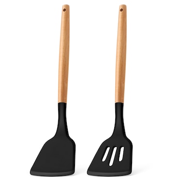 E-far Silicone Spatula Turner, 2 Pack Heat Resistant Kitchen Spatulas for Nonstick Cookware, Rubber Solid Slotted Spatula Cooking Utensils for Fish, Eggs, Pancakes (Black)