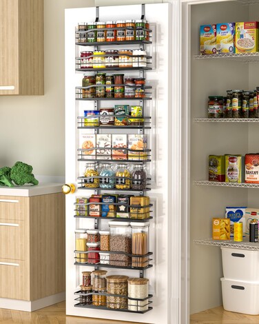 Moforoco 12.2"(W) Narrow 9-Tier Over The Door Pantry Organizer, Pantry Organization and Storage, Black Hanging Basket Wall Spice Rack Seasoning Shelves, Home &amp; Kitchen