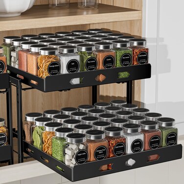 BOIVSHI Pull Out Spice Rack Organizer for Cabinet, 2-Tier Cabinet Spice Rack Organizer, Height Adjustable Vertical Spice Rack for Kitchen Cabinet (14.1''Wx10.8''Dx9.2''H, Metal Black)