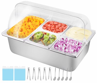 YMJOINMX Cold Ice Food Serving Display tray 5 Pan 2 Ice Pack Clear Lid Cooled Condiment Serving Container Dispenser Cold Serving Buffet Server Cooler Spice Food Display Rack Sauce Organizer forParties