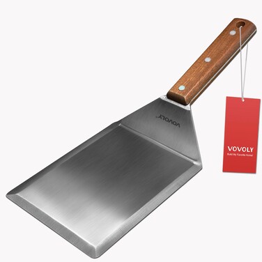 Extra Wide Spatula, Large Metal Spatula with Full Tang Wooden Handle &amp; Beveled Edges for Skillets, Griddles &amp; Grills, Pancake Flipper Spatula, Smash Burgers Spatula, 6 x 5-inches