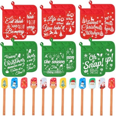 Yaomiao 24 Pcs Christmas Pot Holders with Silicone Spatula Set Silicone Spatula Set with Wooden Handles Pot Holders for Kitchen Christmas Kitchen Utensils Christmas Baking Gifts for Xmas (Cute)