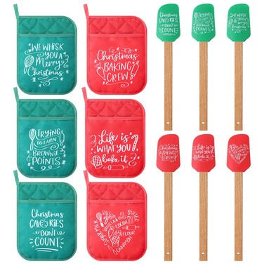 Zhehao 12 Pcs Christmas Silicone Spatulas Pot Holders Set Heat Resistant Pot Holders with Pocket Baking Gifts for Christmas Gift Party Supplies (Classic Christmas Style)