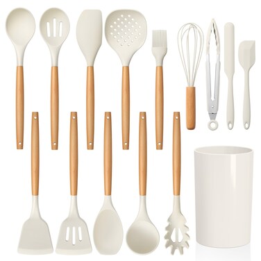 LIANYU 15 PCS Silicone Kitchen Utensils Set with Holder, Heat Resistant Silicone Cooking Utensils set for Nonstick Cookware, Non Toxic Ladle Tong Spatula Sets with Wooden Handle, White