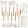 LIANYU 15 PCS Silicone Kitchen Utensils Set with Holder, Heat Resistant Silicone Cooking Utensils set for Nonstick Cookware, Non Toxic Ladle Tong Spatula Sets with Wooden Handle, White