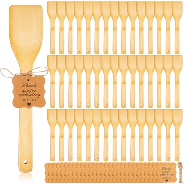 Lineshading 50 Sets Bamboo Spatula Bamboo Kitchen Utensils 12 Inch Flat Handle Bamboo Wok Spatula with Thank You Cards for Kitchen Cooking Birthday Wedding Baby Shower Housewarming Party Gift