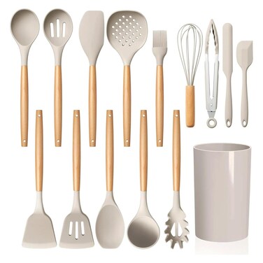 LIANYU 15-Piece Kitchen Cooking Utensils Set with Holder, Silicone Cooking Utensils Include Spatula Tong Slotted Spoon Turner Whisk Brush, Wooden Handle Kitchen Tools for Nonstick Cookware, Khaki