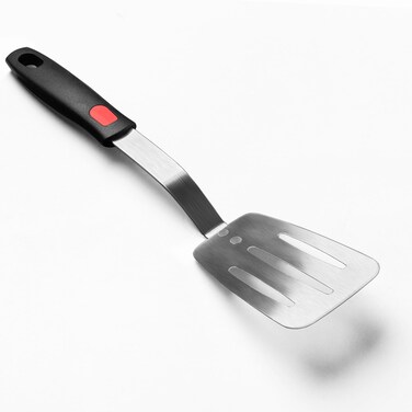 Stainless Steel Spatula, Flexible Metal Slotted Turner for Cast Iron Skillet, Thin Blade and Heat Resistant Silicone Handle, Great for Egg, Cookie, Meat, Crep, Medium